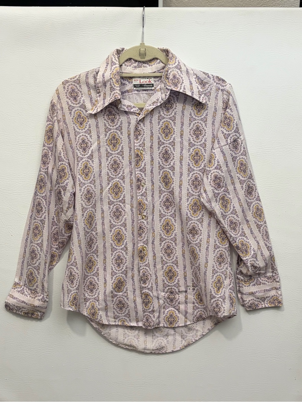 Vintage Casual Paisley-Print Purple Cream Long Sleeve Shirt in Lavender M